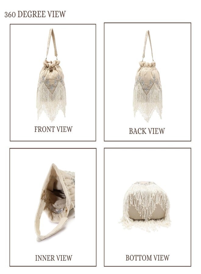 Anekaant Dewdrop Fringe Ecru Velvet Potli for Women | Floral Zari Embroidered Drawstring Bag with Statement Fringe Detailing - Image 4